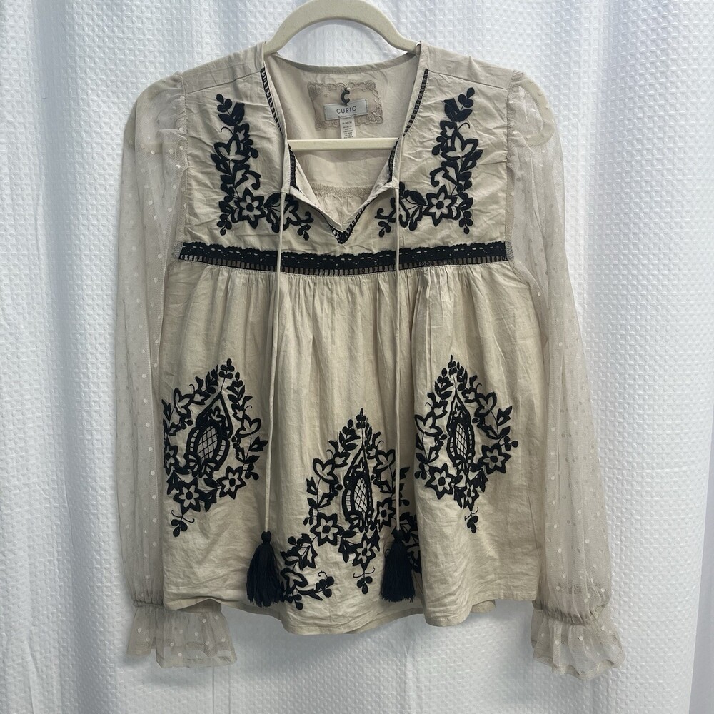 Cupio‎ Beige Black Floral Embroidered Swiss Dot Mesh Sleeve Boho Top Medium